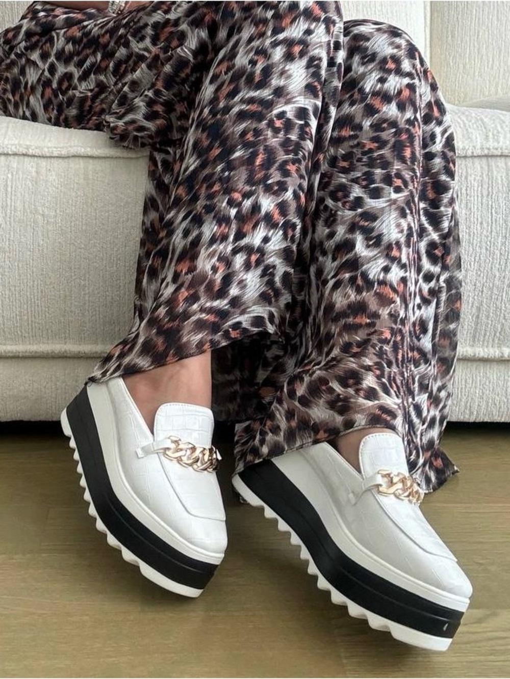 Platform Chain White Leather Loafers for Women